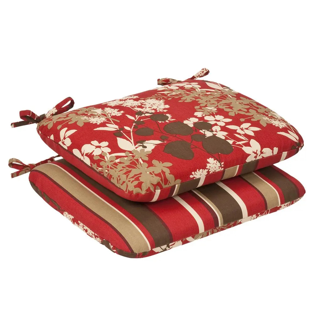Pillow Perfect Indoor/Outdoor Red/Brown Floral/Striped Reversible Seat Cushion, Rounded, 2-Pack