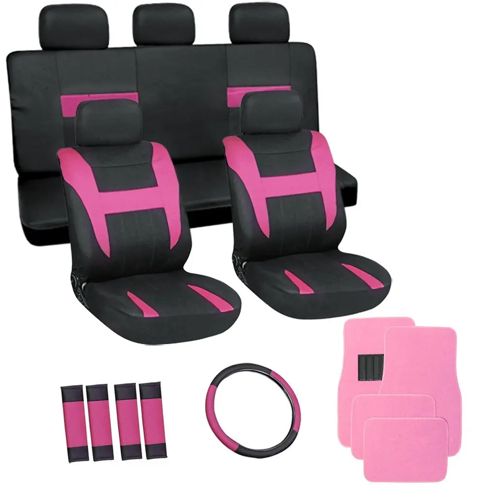 Pink Black Flat Cloth Seat Covers W Pink Carpet Floor Mats For