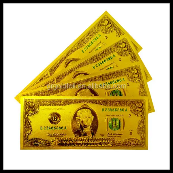 see larger image gold foil banknote of two dollars currency note