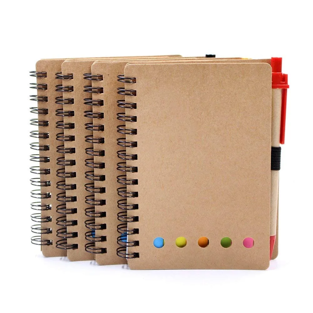 Spiral Notebook Kraft Paper Cover Steno Pocket Notepad With Pen In