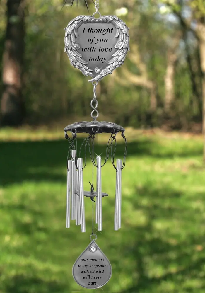 BANBERRY DESIGNS Memorial Windchimes - I Thought of You with Love Today Poem Engraved on This Wind Chime - Angel Wings Wrapped Around a Heart and Teardrop Charm - in Loving Memory Chimes