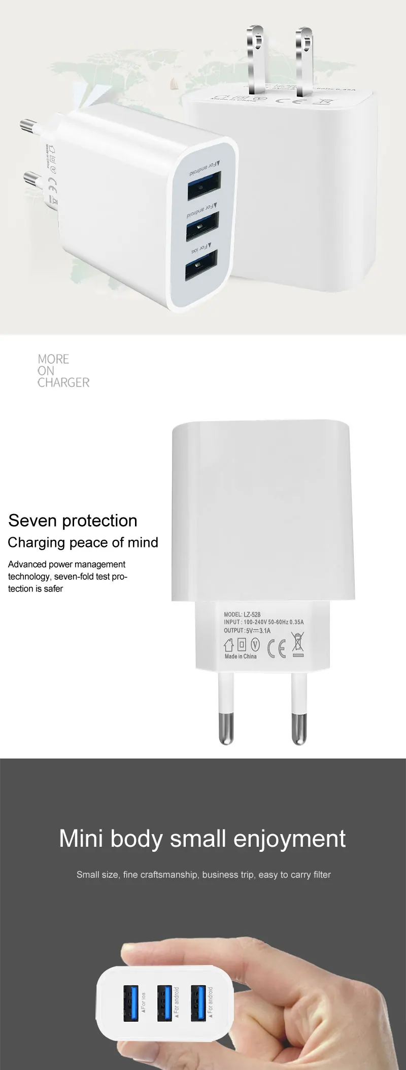 Newest EU US 3-USB Charger 3.1A Power Adapter For Charger Samsung S8 S7 S6 S5 S4 Note for iPhone X 8 7 6plus for HTC Sony