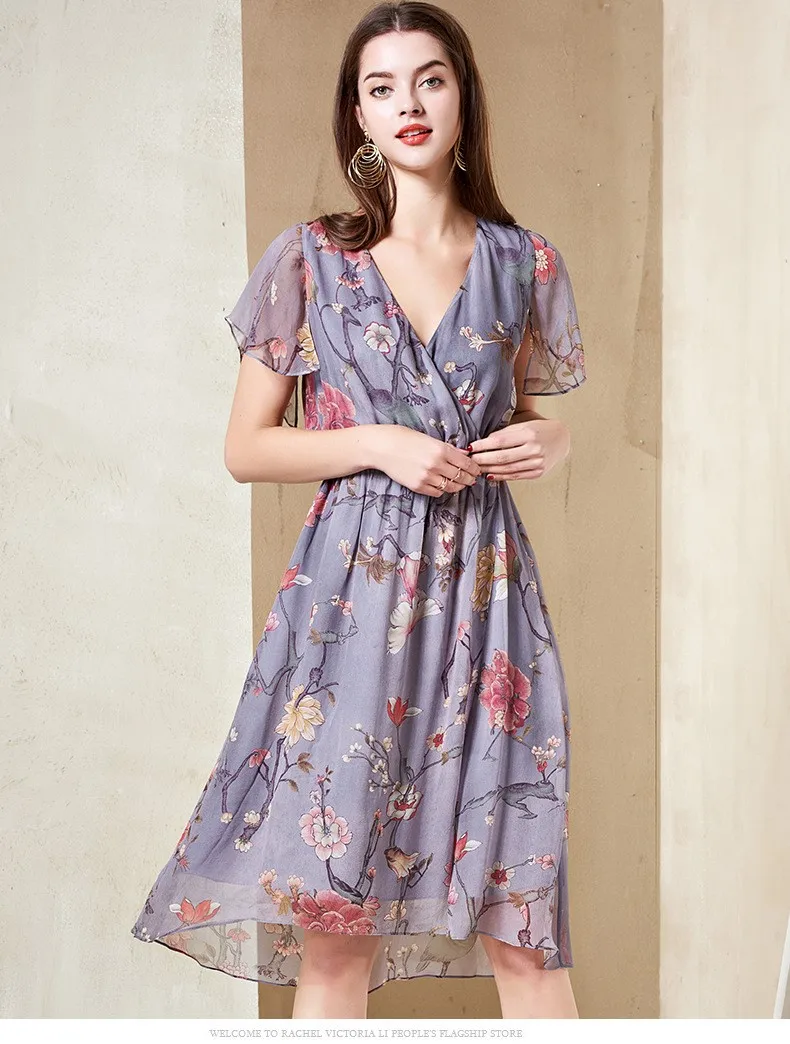 Latest Fashion V-neck 100% Silk Summer Floral Dress For Women - Buy ...