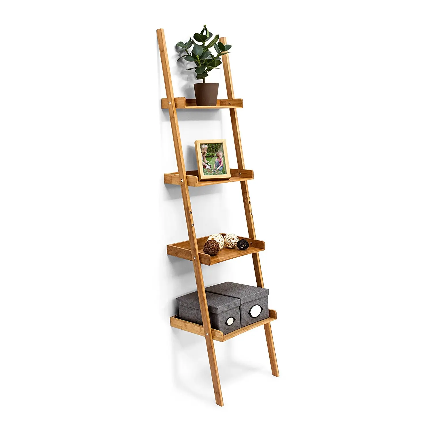 Modern Natural Bamboo 4 Tiers Living Room Office Bookshelf Wall