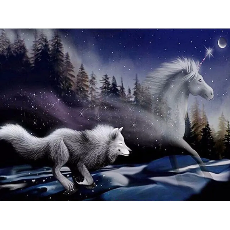 5d diy 钻石绘画全方形圆形狼和马钻石刺绣水钻图片钻石马赛克