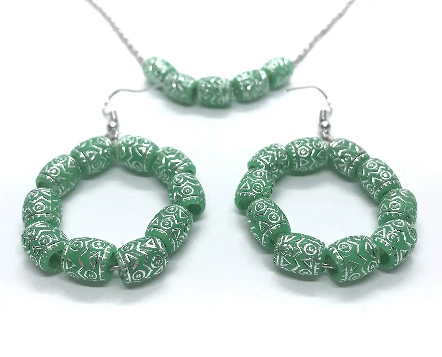 Aadyasha Creations, Handmade and crafted green acrylic bead earrings and necklace. Silver designed, green acrylic bead jewelry.