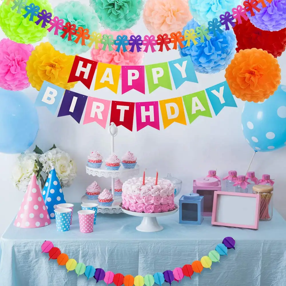 Birthday Party Decorations Set Birthday Paper Pom Poms (12 Colors),Happy Birthday Party Bunting