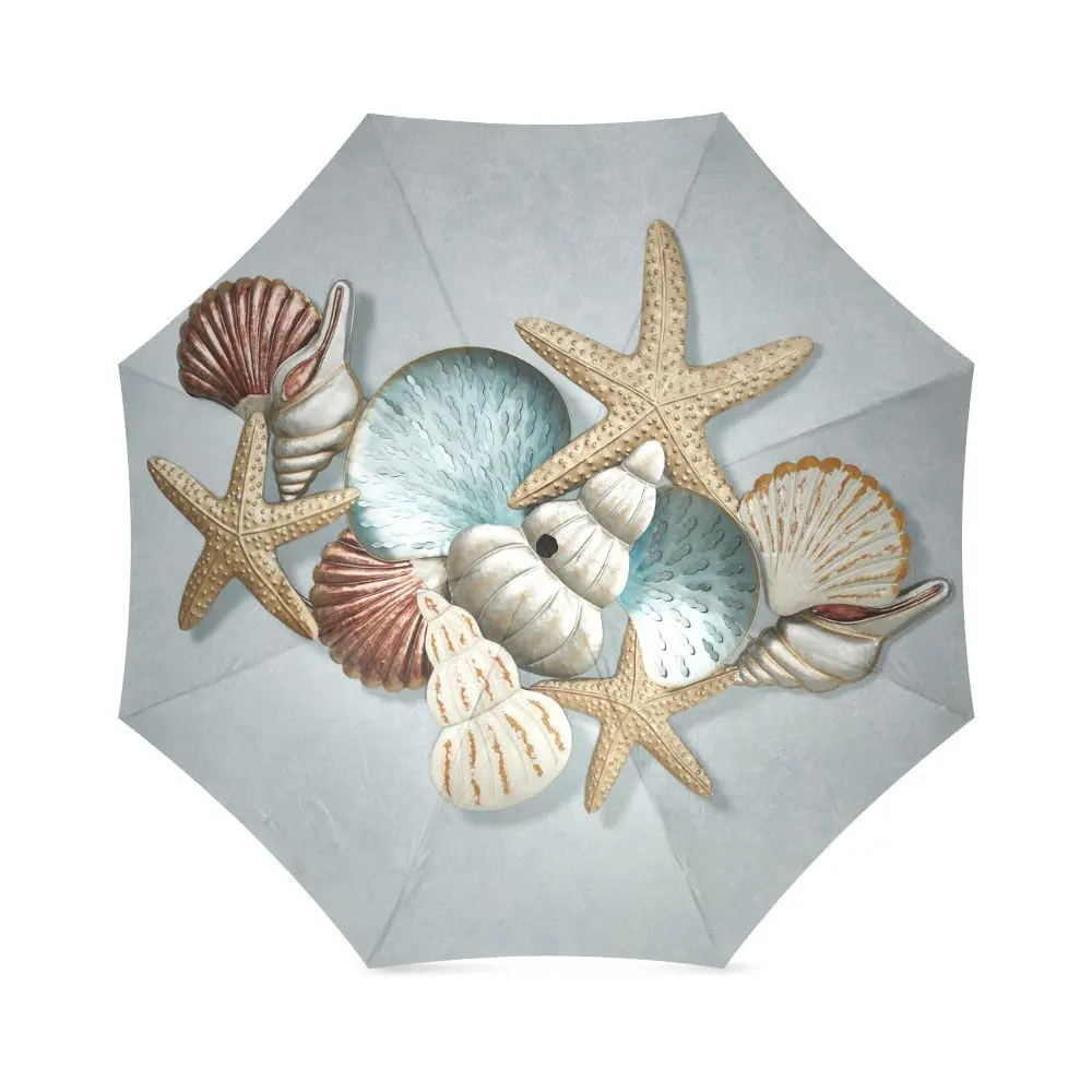 Custom Amazing metal Seashells Starfish Compact Travel Windproof Rainproof Foldable Umbrella