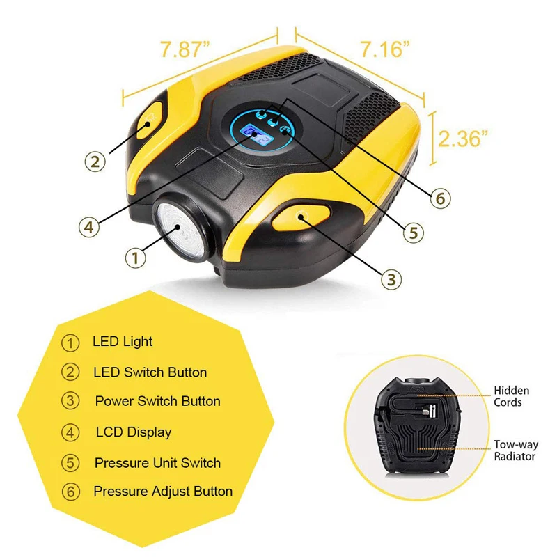 150PSI Electric Tire Inflator Portable Air Compressor with Digital Display and Emergency LED Lighting