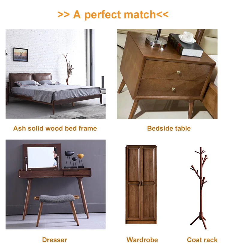 New oak wooden OEM bedroom furniture bed frame set dresser and wardrobe