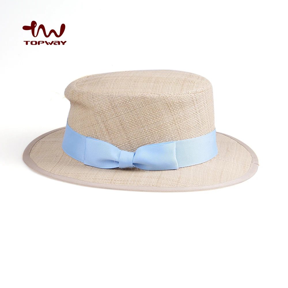 Simple Style Straw Boater Hat With Sky Blue Ribbon Decoration Buy