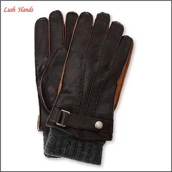 Men's deerskin leather gloves with kintted cuff