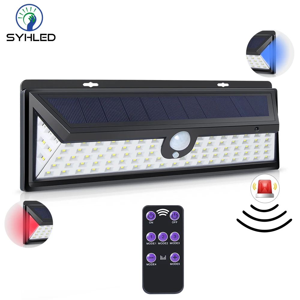 92 LEDs Remote Control Alarm IP65 Waterproof Security Alarm Outdoor PIR Sensor Solar Power Wall Light for Garden
