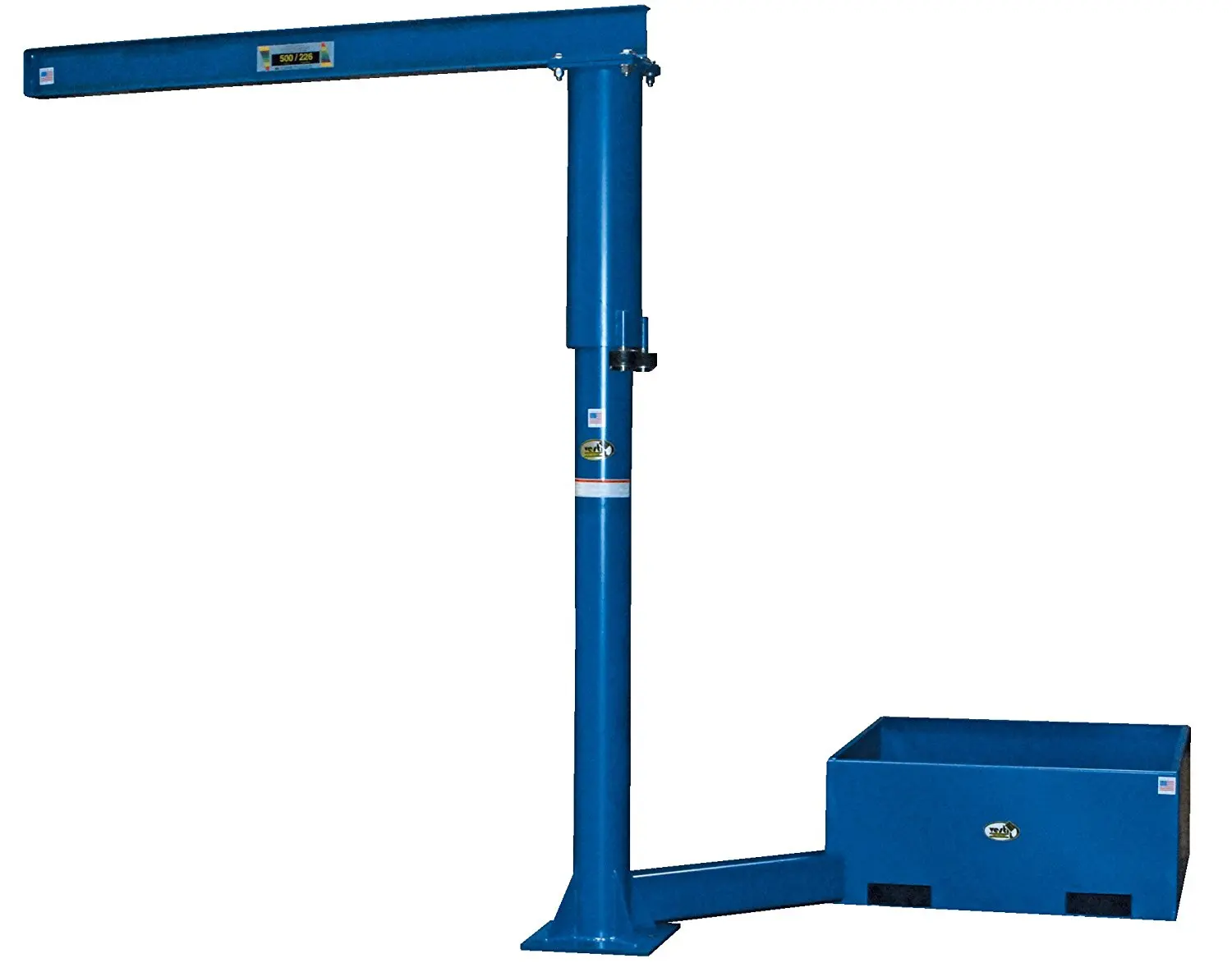 Vestil JIB-CBX-50-10-10 Steel Jib Crane with Offset Base, Usable I-Bean Length 108", I-Beam Flange Width 4", Base 42-3/16" x 42-3/16", Rotation 360 degree, 24" on Center 7-1/2" x 2-1/2" Fork Tubes