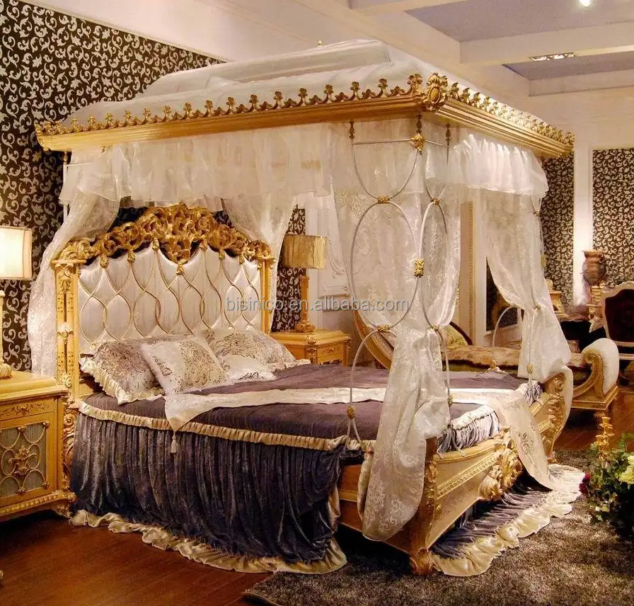 Luxury French Rococo Style Wood Carved Marquetry Canopy Bed