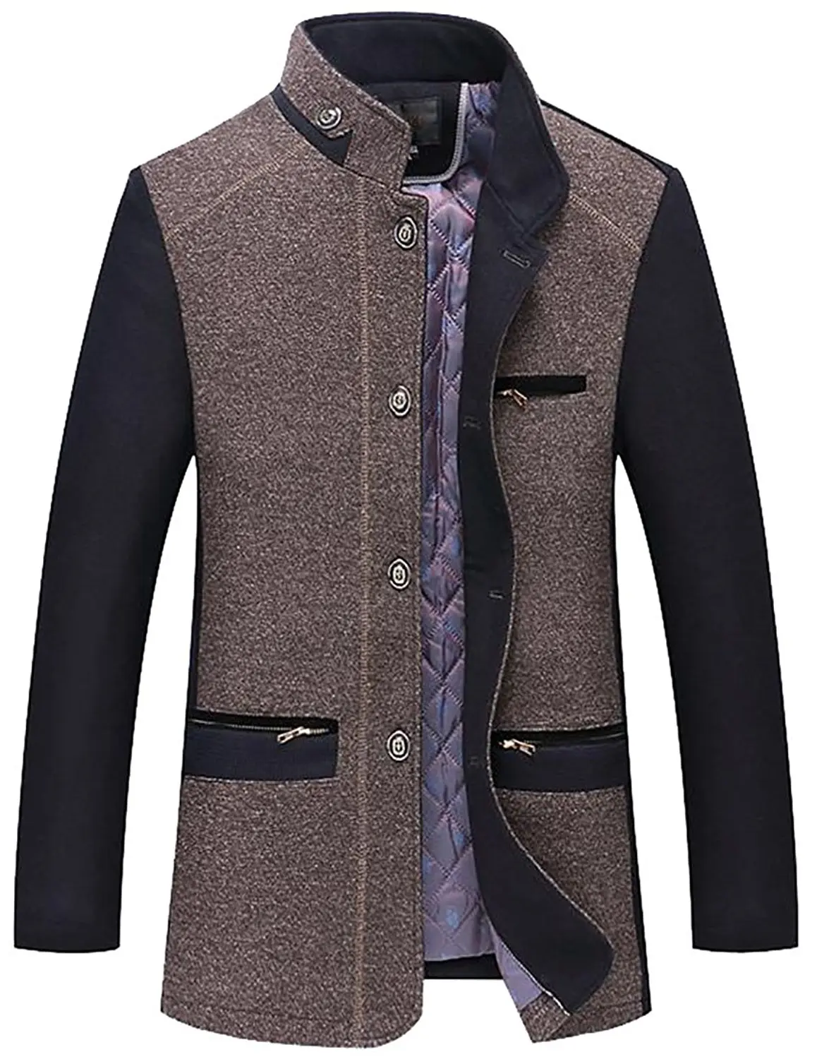 Abetteric Men Winter Keep Warm Zip-up Hood Outwear Trim-Fit Pea Coat Jacket