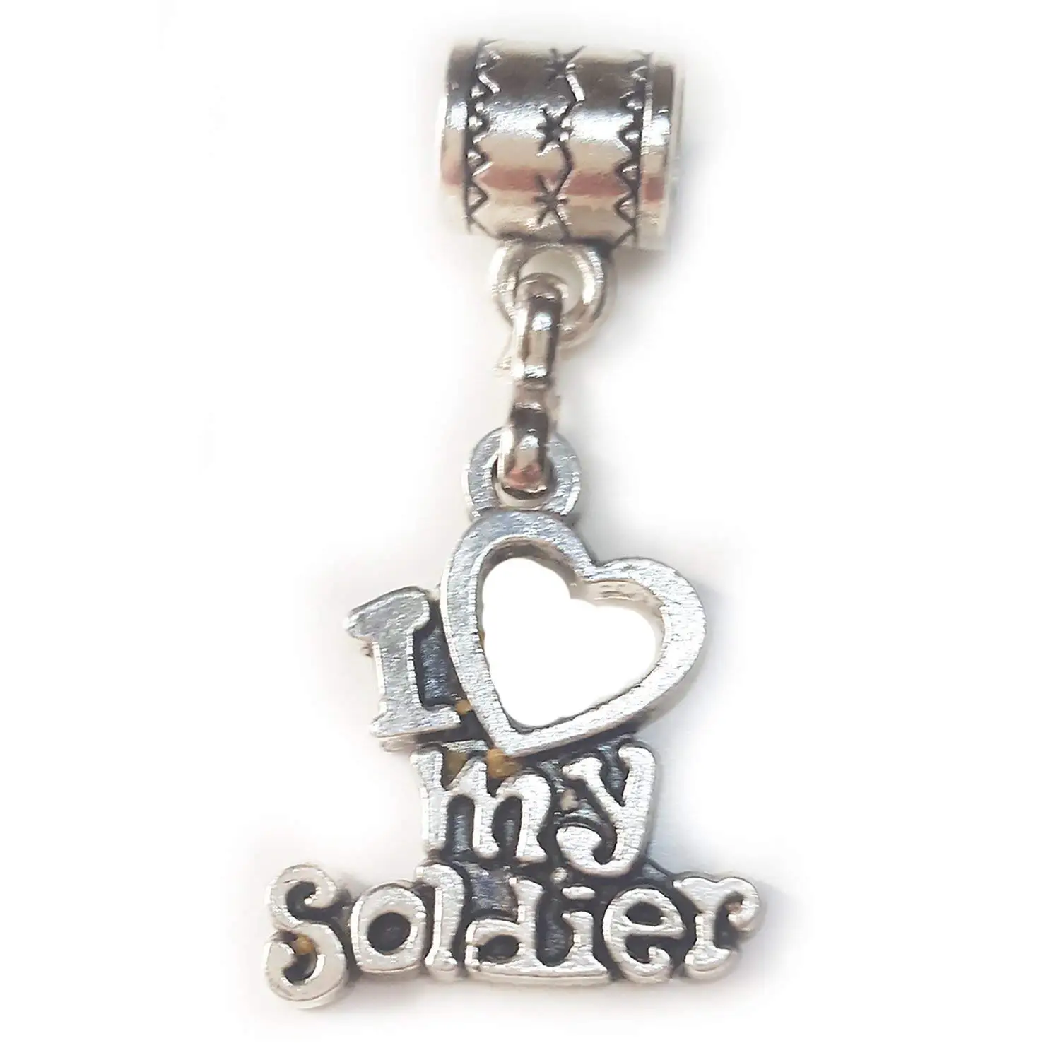 "I Love My Soldier charm" is a Tibetan silver charm by Mossy Cabin for modern large hole snake chain charm bracelets, or add to a neck chain, pendant necklace or key chain