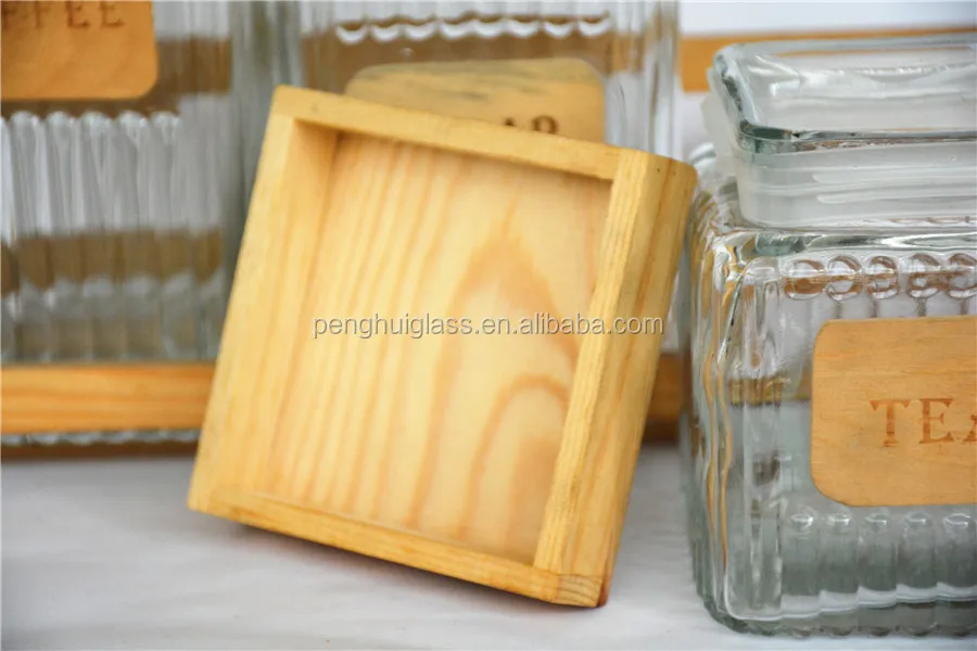 3 Pcs Square Glass Storage Jar With Wooden Lid In Wood Stand Buy