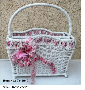 White Pink Wicker Newspaper Basket With Ribbon White Pink Wicker Newspaper Basket With Ribbon