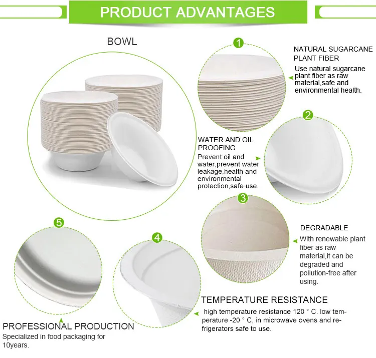Compostable sugarcane dinnerware bowls disposable biodegradable bagasse tableware