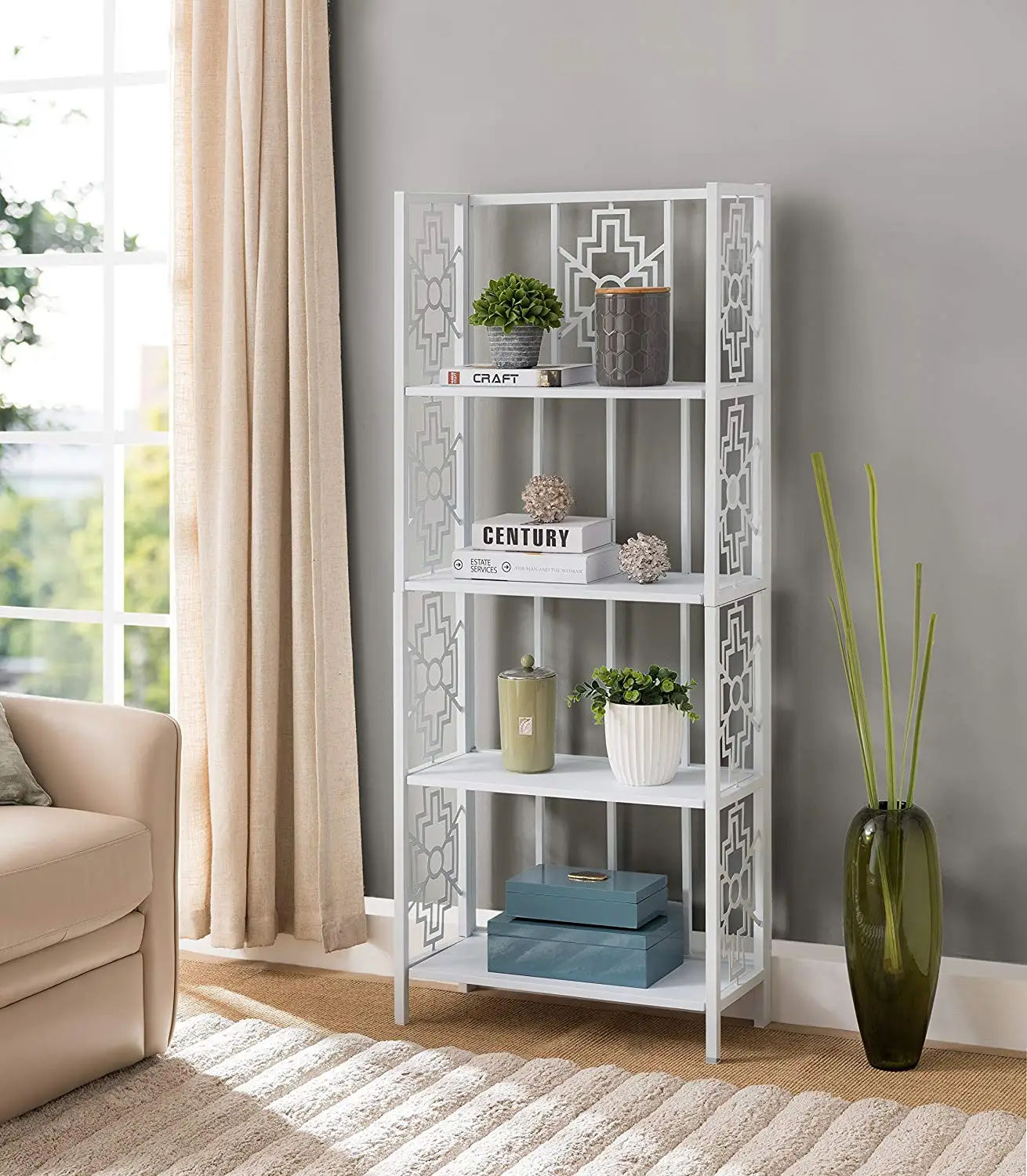 None White Finish Metal Wall 4-Tier Bookshelf Bookcase Display Cabinet