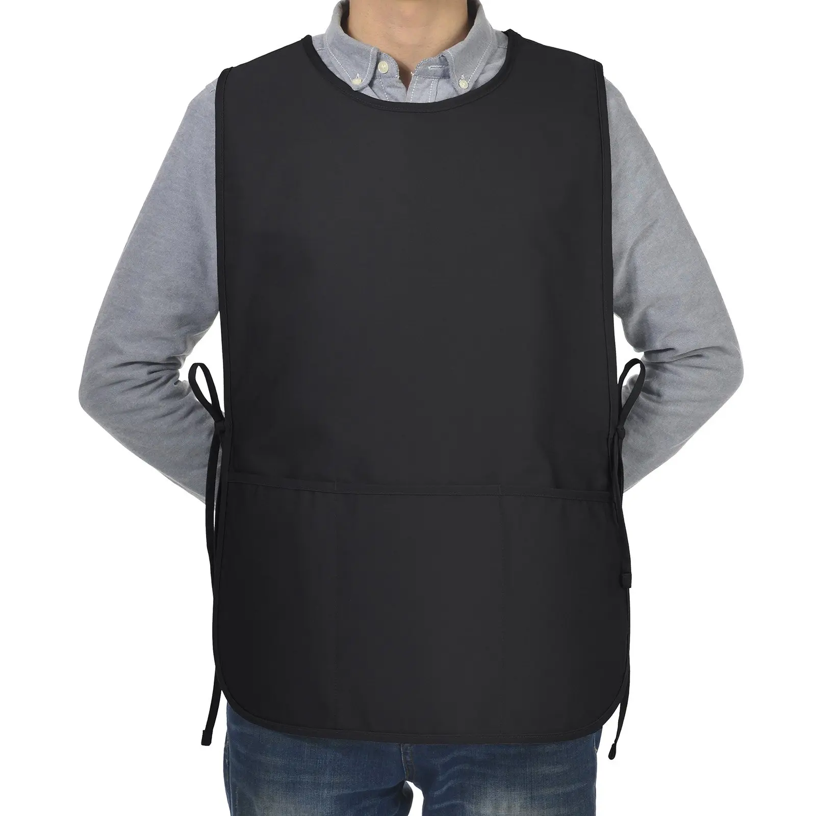 VEEYOO Chef Cobbler Apron with 3 pockets, Polyester Cotton, Art Smock Aprons for Unisex Adult Men Women, Black, Plus Size Large 23x32 inches