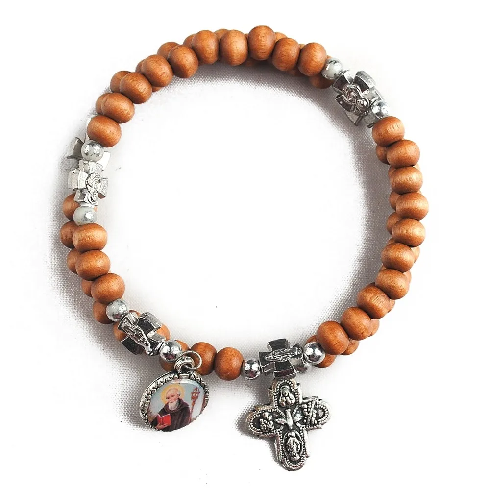 6mm Round Wooden Beads With Virgin Mary Cross Beads Wrapped Catholic
