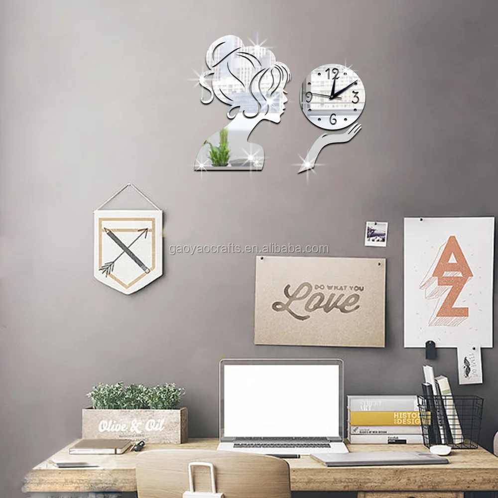 Kreatif Gadis 3D Akrilik Jam Dinding Cermin Jam DIY Dinding Dekorasi