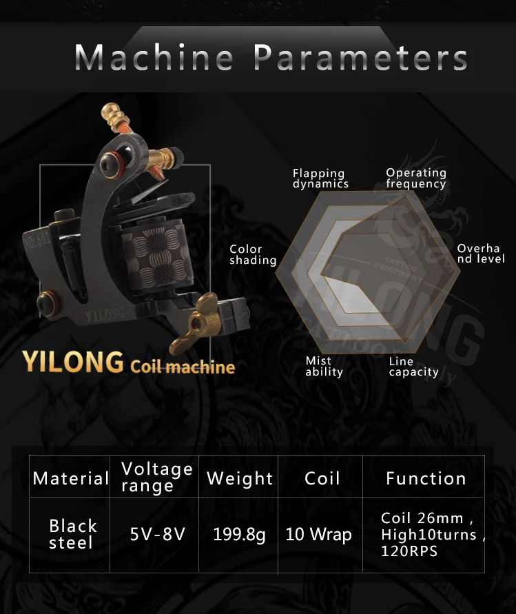 YilongTattoo Coil Machine 10 Wrap steel machine  Professional Carbon Steel Cut Mould Tattoo Machine