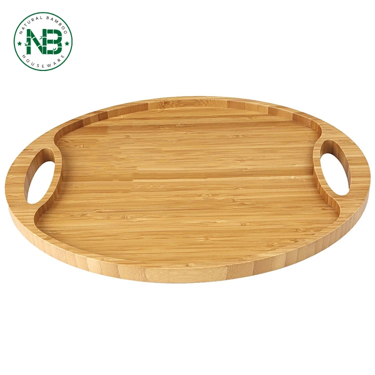 Wholesale Round Bamboo Wood Food Serving Trays With Double Handles