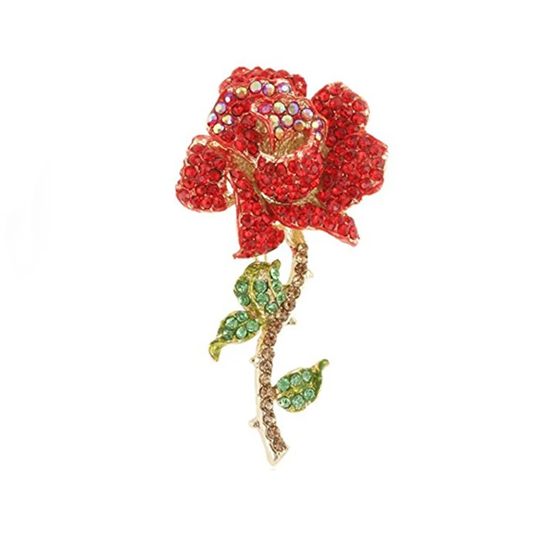 Vintage Style Elegant Roses Flower Gold Tone Brooch Pin Pink Rhinestone Crystal