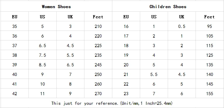 size chart of women's footwear