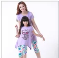 Mother Daughter Matching Clothes Cute Cat Cotton Short Sleeve Shirt Pants Family Look Matching Outfits Set