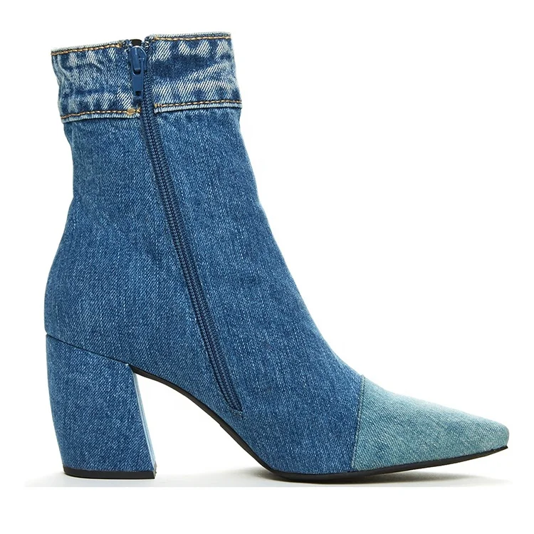 Handmade Modern Med Block Heel Women Jeans Blue Denim Booties - Buy ...