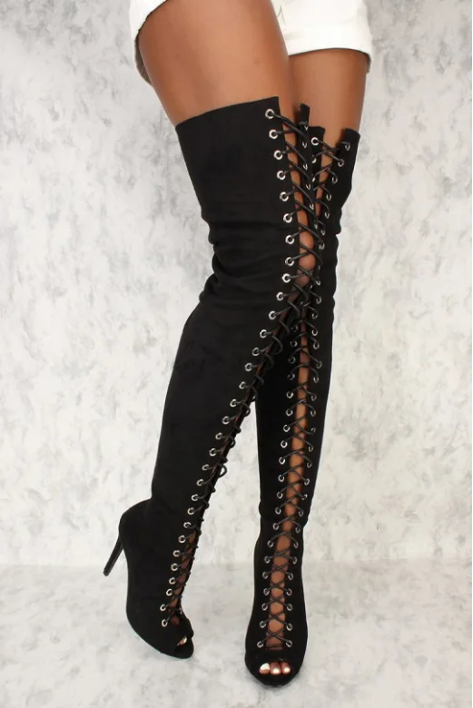 Sexy Black Front Lace Up High Thigh High Heel Clubwear Boots - Buy ...