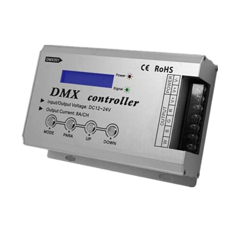 DMX301 low voltage DMX led controller (with LCD display);DC12~24V input;Output current:8A*3channels,power: 12V:<144W, 24V:<288W