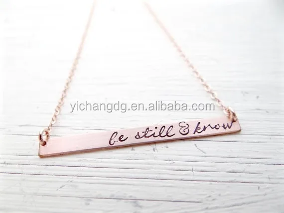 Hand Stamped Bar Necklace. Thin Extra Large Rose Gold Long Bar with Be Still and Know. Christian Jewelry..jpg