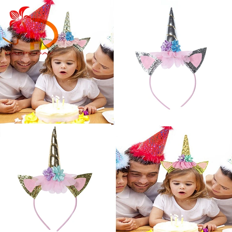Kids Birthday Party Flower Headdress Glitter Shiny Unicorn Horn Ears