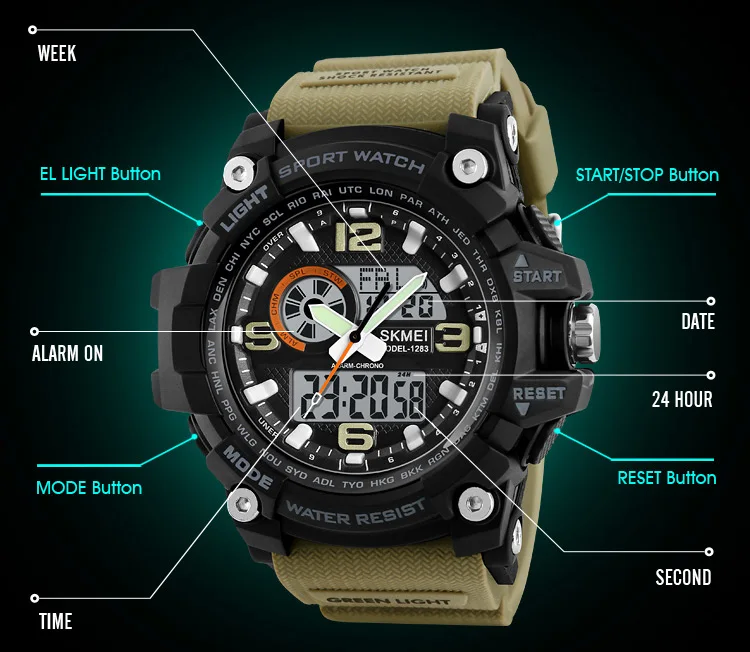 Hot! Skmei Watch 1283 More Time Men's Army Digital Sport Watch