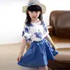 New fashion children's summer girl suit cute princess maple leaf T-shirt printing and linen skirt children's clothing