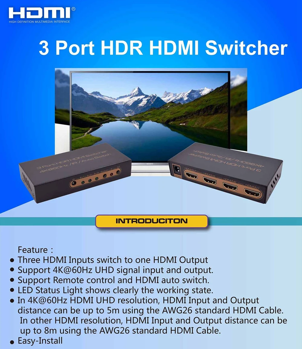 HDMI Switch 4k, Intelligent 3-Port HDMI Switcher,Splitter, Supports 4K, Full HD1080p, 3D with IR Remote