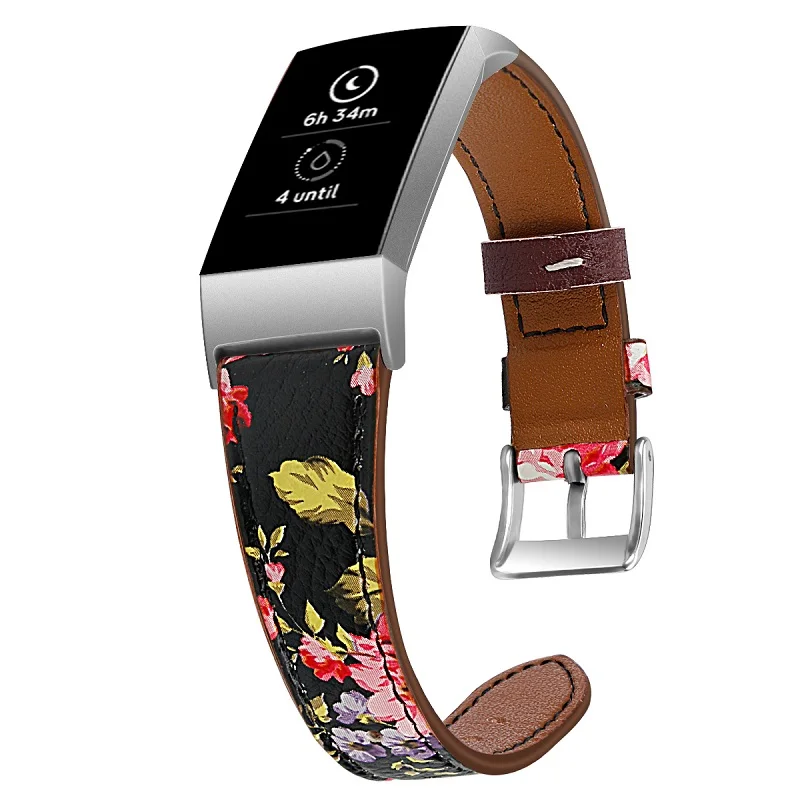 Printed Flower Replacement Genuine Leather Watch Band For Fitbit Charge 3