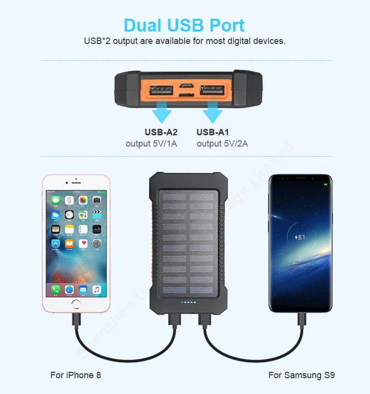 solar power bank 8000mAh extreme mobile phone battery charger pack dual USB LED lights with climbing hook - ANKUX.COM