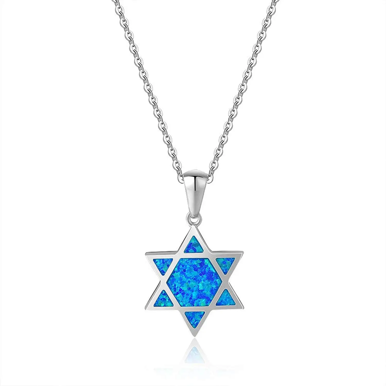 Fancime Created Opal Star of David Necklace 925 Sterling Silver Long Chain Charm Geometric Pendant Jewelry for Women Girls 18"