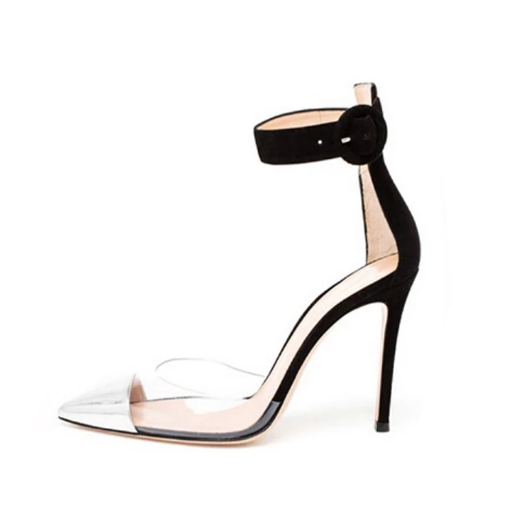 Sliver clean PVC upper high heel soft sole with ankle strap women sandals