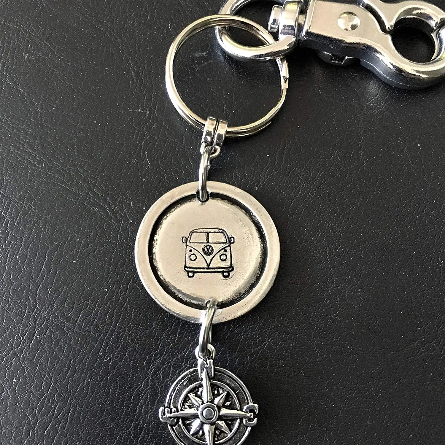 VW Bus Keychain with Swivel Clip, Keychain with VW Bus Charm, Keychain with VW Van Charm, Stamped America Keychain, 95004