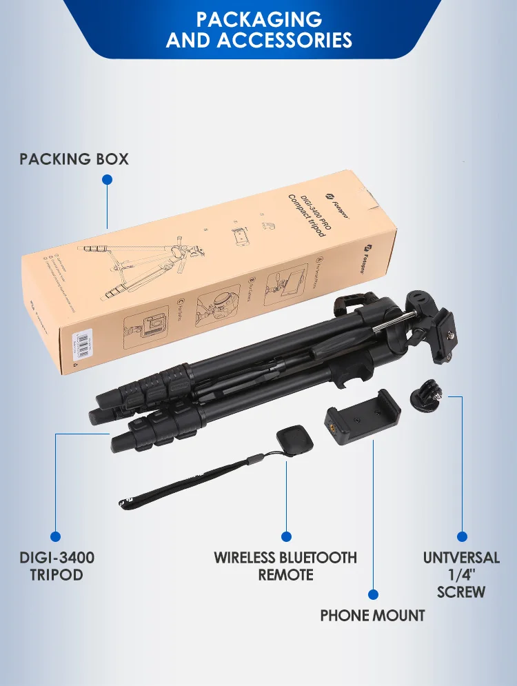 packing box include digi-3400 tripod, wireless Bluetooth remote,untversal 1/4" screw