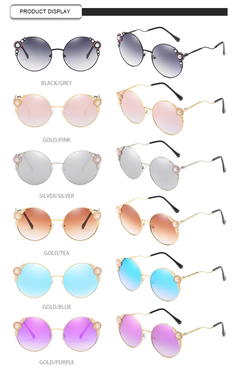 2019 Fashion Oval Metal Frame Pearl Decoration Female Women Sunglasses