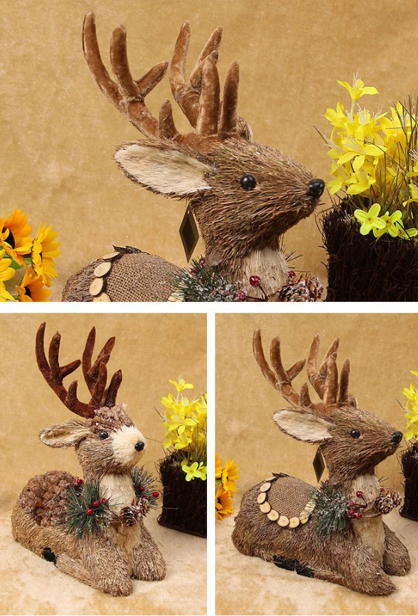 Sisal Straw Christmas Ornaments Reindeer Owl Squirrel Handicraft For Cute Christmas Decors