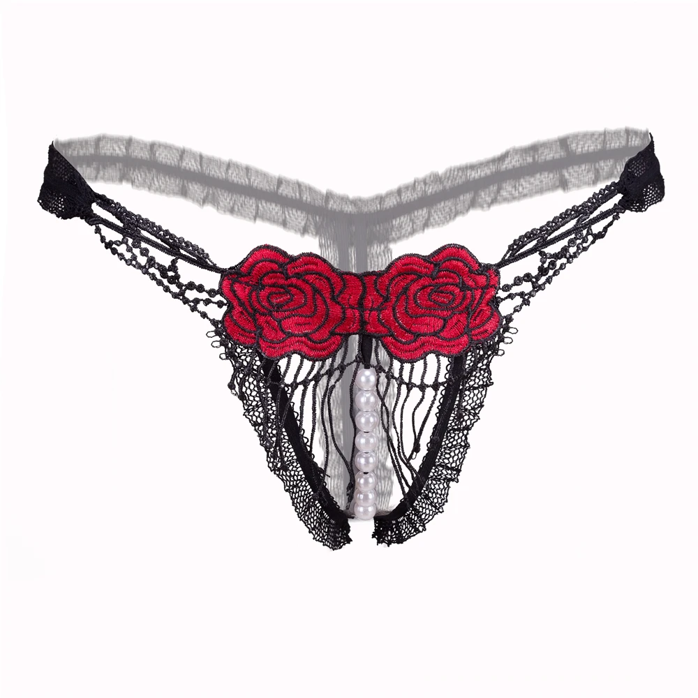 Womens Sexy Thong Lace Pearl Lady Panties Open Crotch Lingerie See